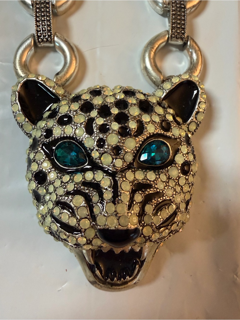 Betsey Johnson Gold Tone Leopard Head Necklace with Teal Eyes - Picture 2 of 6